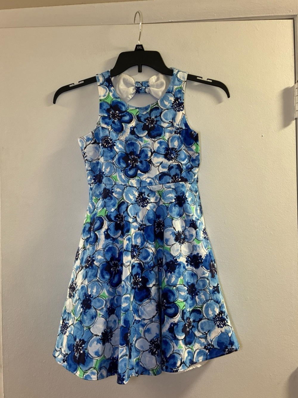 Rare Editions Blue and White Floral Fit-and-Flare Dress with Bow